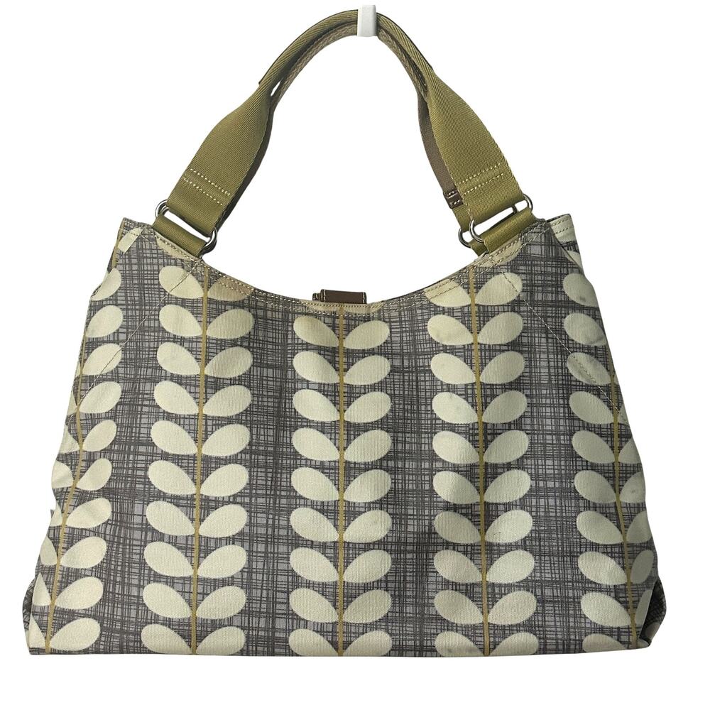 Orla Kiely Stem Print Canvas Hobo Bag Earthy Olive Grey Boho Purse Handbag